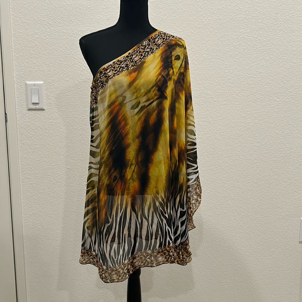 One shoulder animal print kaftan style dress or blouse